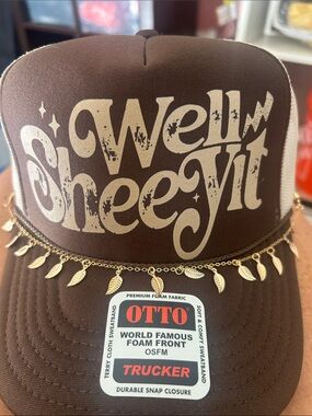 OTTO Brown Trucker Hat with Cream 'Well Sheeyit' Graphic and Gold Leaf Chain